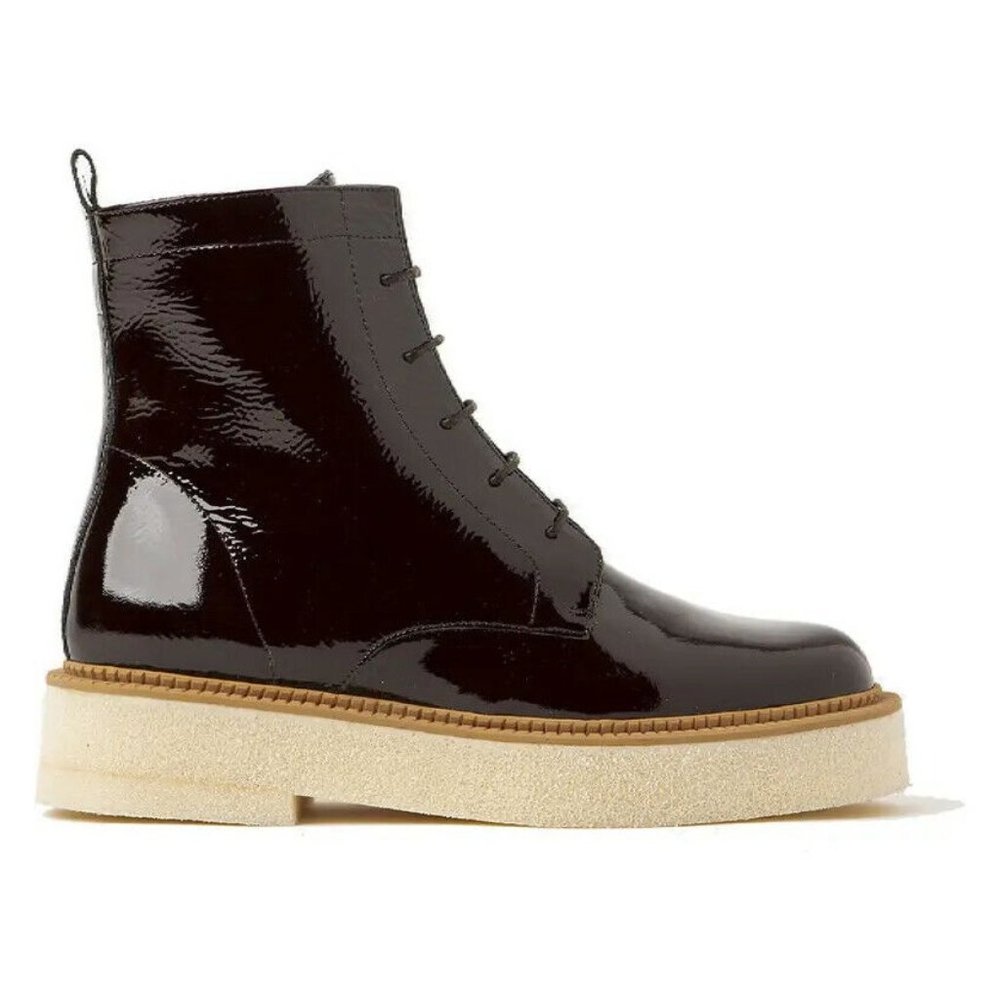 Paloma Barcelo Women's Patent Leather Prudence Lace Up Boots Brown